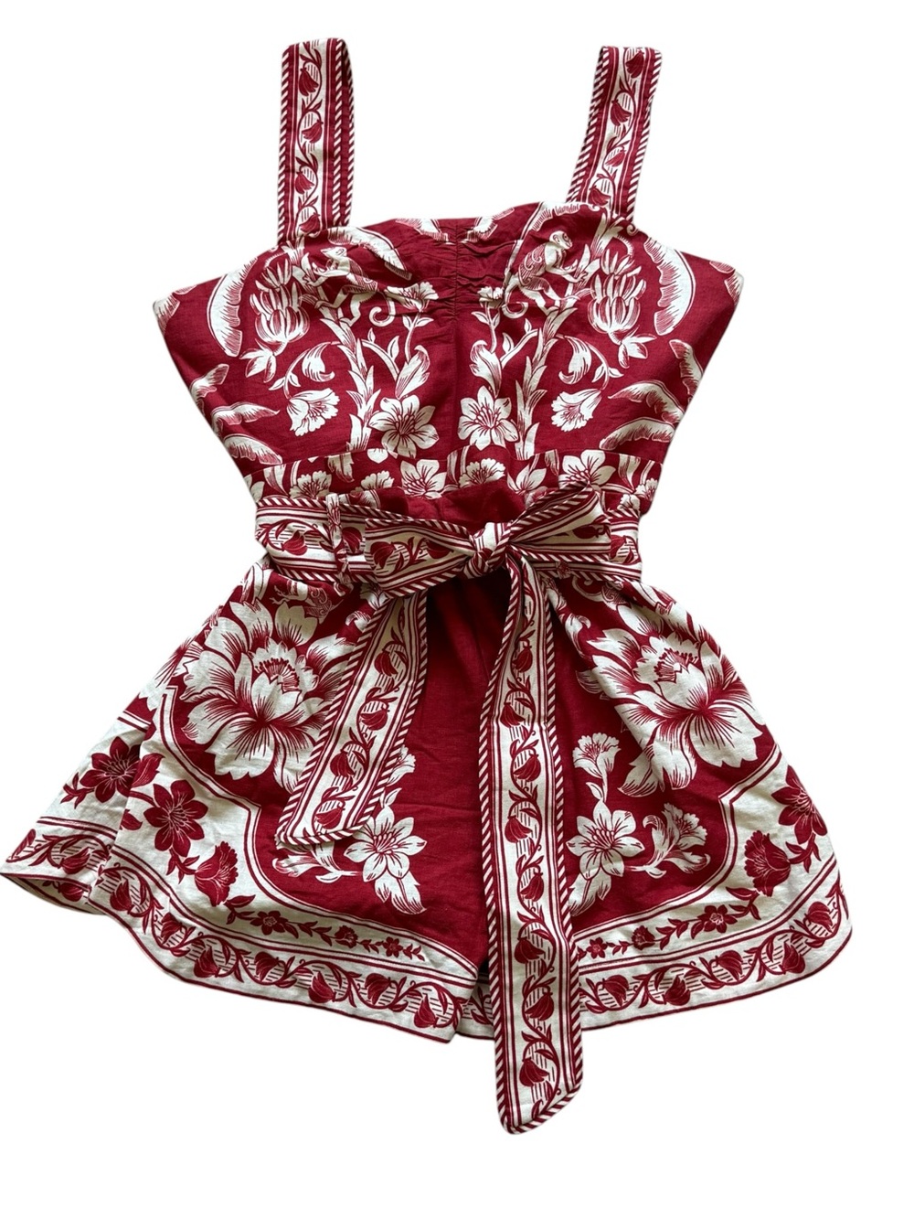 FARM Rio Guanacaste Red Gathering Romper L NWT Linen Floral Belted Jumpsuit $198 - Picture 4 of 16